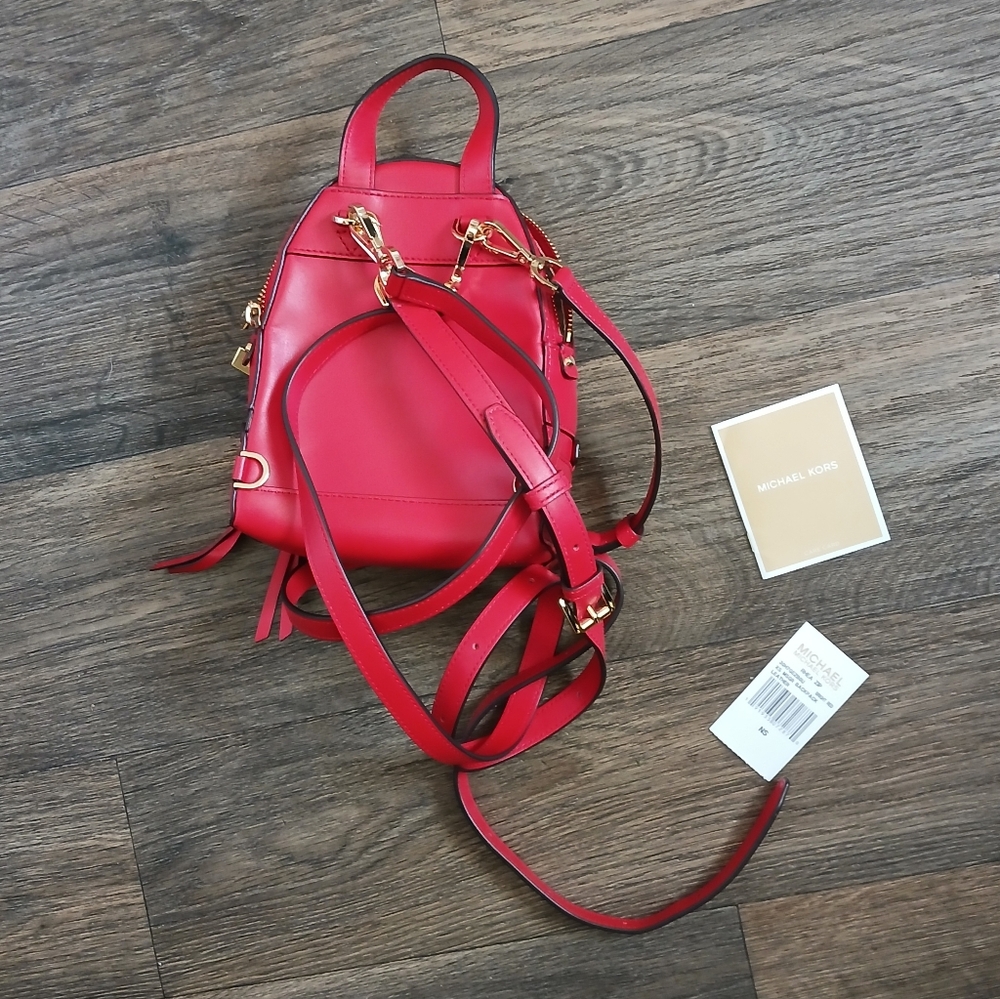 New Michael Kors Rhea Zip Mini Perforated Leather Backpack in Bright Red. - Picture 10 of 16